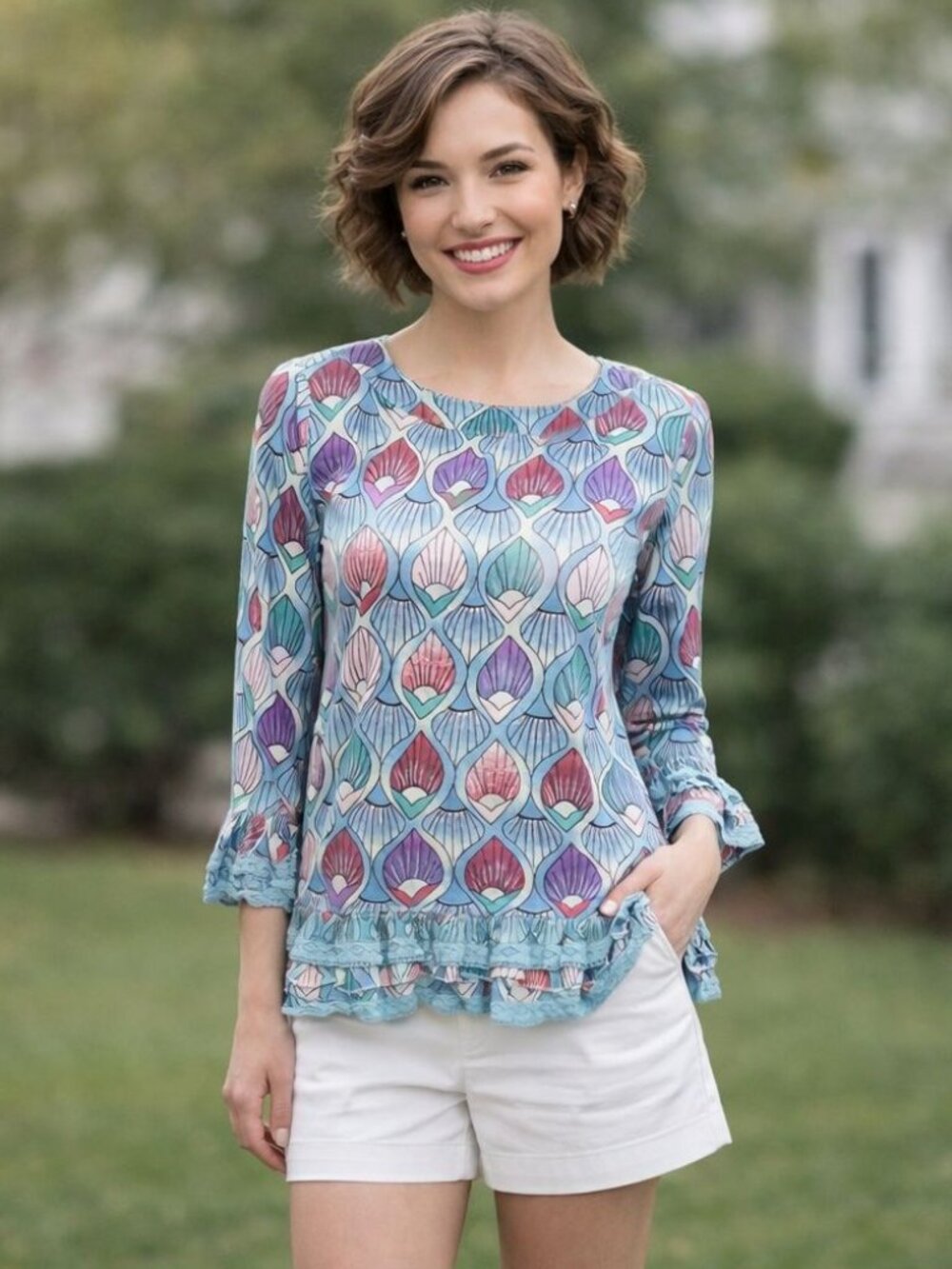 Almatrichi Madrid Spain Boho Blouse Geometric Ruffle Minimalist Preppy RARE Top - Picture 4 of 12